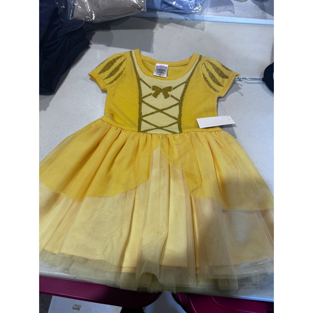 Disney Princess Belle Yellow Tulle Dress Toddler Girls 4T Gold Glitter 2E16